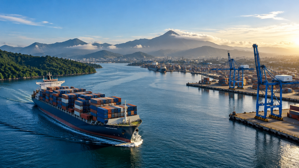 Navio porta-contêineres em um porto latino-americano, ilustrando as conexões comerciais da região com o mundo.