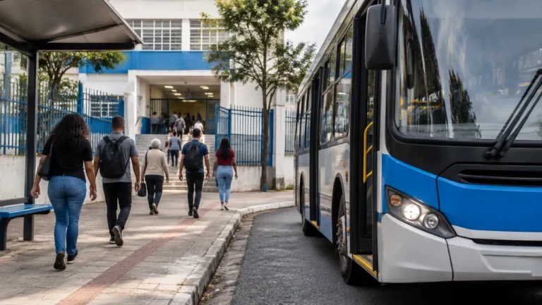 Ônibus urbano e eleitores a caminho de uma escola usada como local de votação