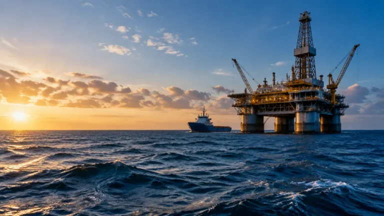 Plataforma de petróleo em águas profundas do Atlântico Sul ao amanhecer, representando a produção de energia na América Latina