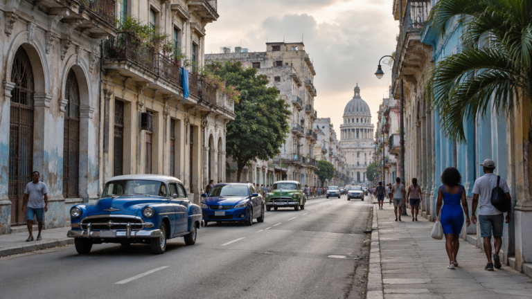 Rua de Havana com edifícios históricos e moradores, retratando a Cuba contemporânea.