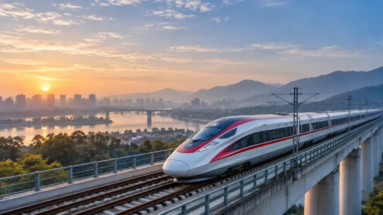 Trem de alta velocidade sem identificação atravessa uma ponte na paisagem chinesa ao amanhecer