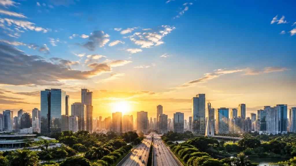 Vista urbana brasileira ao amanhecer para ilustrar a projeção de crescimento econômico do país