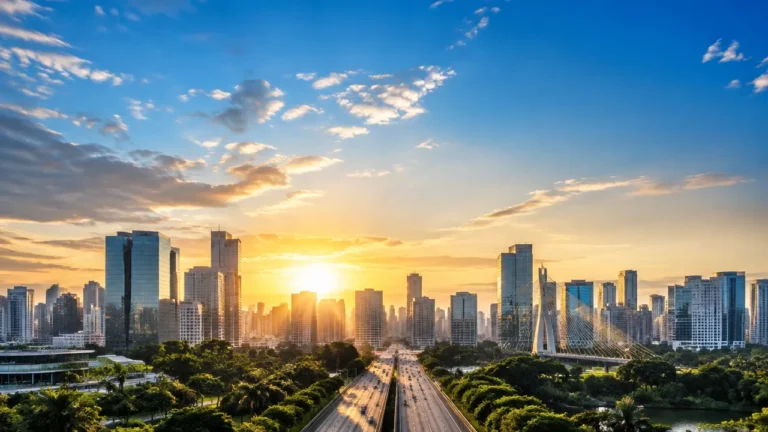 Vista urbana brasileira ao amanhecer para ilustrar a projeção de crescimento econômico do país